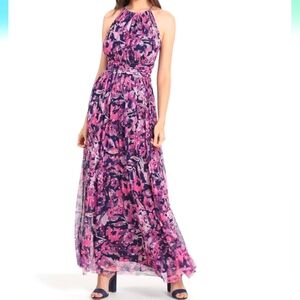 London Times Floral Pink and Navy High Neck Maxi Dress. Size 8P